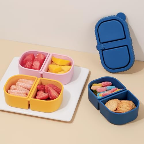 3 Pack Silicone Reusable Snack Containers with Lids - 8 oz Double Compartment Snackle Box for Kids & Adults, BPA-Free & Leakproof, Small for Dressing, Snacks, School, Office, Picnic - color: 2-Compartment (3-Pack)