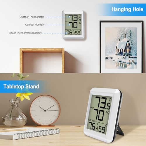 Indoor Outdoor Thermometer Hygrometer Wireless, Urageuxy Digital Temperature Humidity Monitor with 328ft Range Remote Sensor for Home, Greenhouse, Refrigerator, ℃/℉ Switch Optional (White)