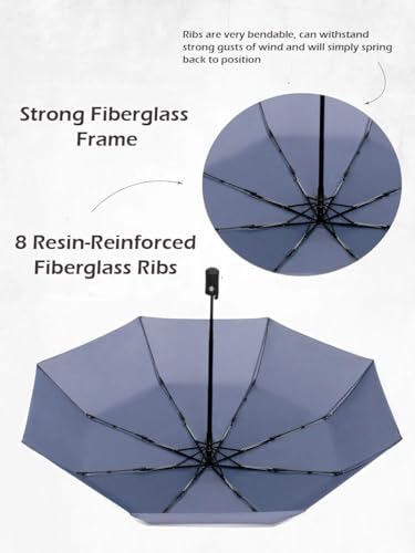 Windproof Travel Umbrella - Compact, Light, Full Automatic Open/Close - Folding Backpack Umbrella for Rain & Sun UV Preotection For Men & Women, Unbreakable 8 Fiberglass Ribs UK Design - color: Graphite