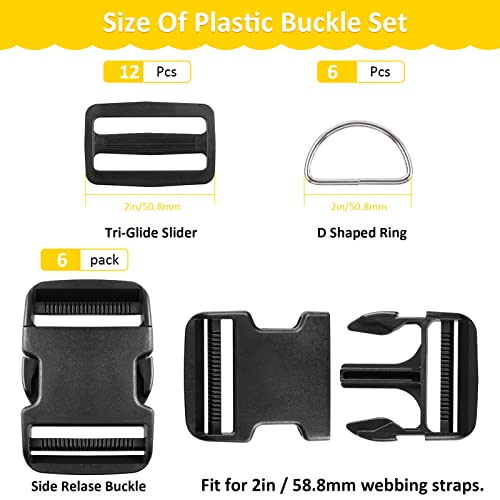 RNKP Heavy-Duty Buckle and Strap Set 2“: 6 Yards of Thick nylon webbing, 6-Pack Adjustable Quick Side Release Plastic Buckles, 12 Tri-Glide slide Clips, 6 Metal D-rings, Black (2” Combo kit) - size: 2" x 6 yd