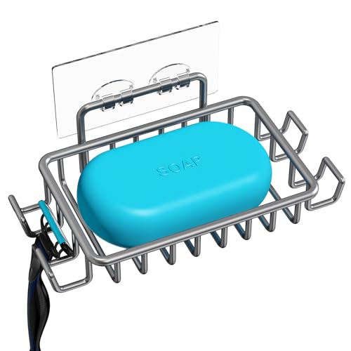 Nieifi Bar Soap Holder for Shower Wall, Adhesive Soap Dish for Bathroom | Stainless steel, razor holder, 4 hooks, soap dish for shower, wall mounted, soap caddy, sponge holder, rustproof, gray - color: Gray, size: 1 Pack