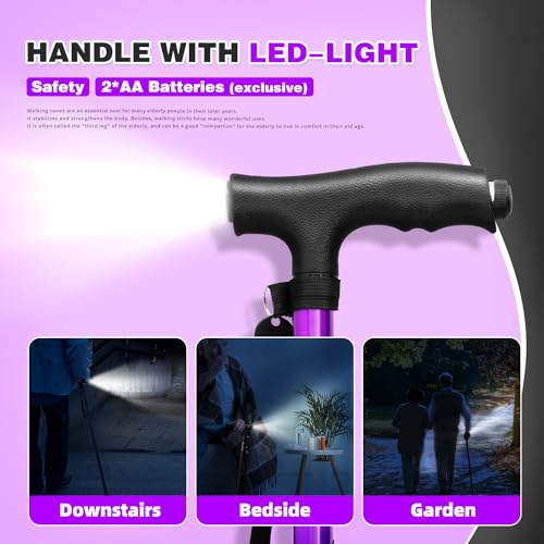 BigAlex Folding Walking Cane with LED Light,Pivoting Quad Base,Adjustable Walking Stick with Carrying Bag for Men/Women - color: Purple(4'9"-5'6")