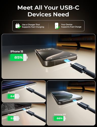 LISEN USB C Cable, 5-Pack [3.3/3.3/6.6/6.6/10FT] USBC to USBC Cable for iPhone 16e 15 Pro Max Charger Cord, 60W C to C Cable Fast Charging for Samsung S25/S24/23, Switch 2, iPad, MacBook, Midnight - color: Midnight, size: 3.3+3.3+6.6+6.6+10FT
