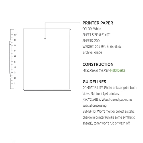 Rite in the Rain Weatherproof Copier Paper, 8.5" x 11", 20# White, 200 Sheet Pack (No. 8511) - color: White, size: 8.5" x 11" (200 Sheets) - 8511