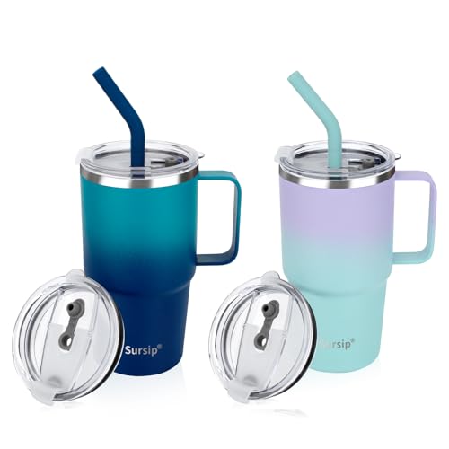 Sursip 24 oz Insulated Tumbler with Handle Lids and Straws - color: Navy&PurpleBlue