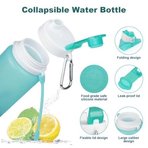 PLTCAT Collapsible Water Bottles, 19oz Foldable Silicone Travel Bottles | BPA-Free Silicone, Leak-Proof Lids, Dishwasher Safe, Carabiner Clips, Compact Roll-Up Design - color: Green