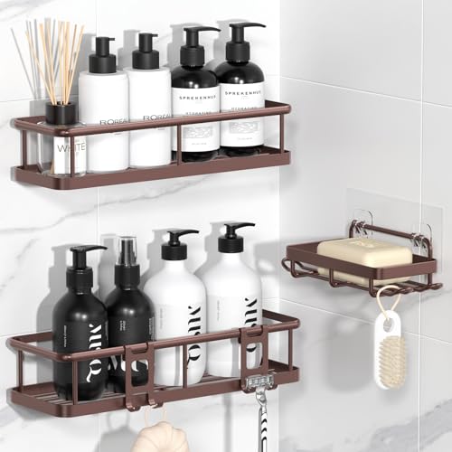 Shower Caddy Adhesive, Rustproof Shower Organizer with Soap Holder, Large Capacity Shower Shelves for Inside Shower, No Drilling Bathroom Organizers and Storage for Home Decor（3 Pack Bronze） - color: Bronze