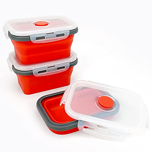 CCyanzi 3piece Collapsible Food Storage Containers with Lids, Silicone Lunch Container, Microwave & Freezer Safe, Space Saving for Kitchen Cabinet and Camping Backpack,(red gray) - color: red with gray