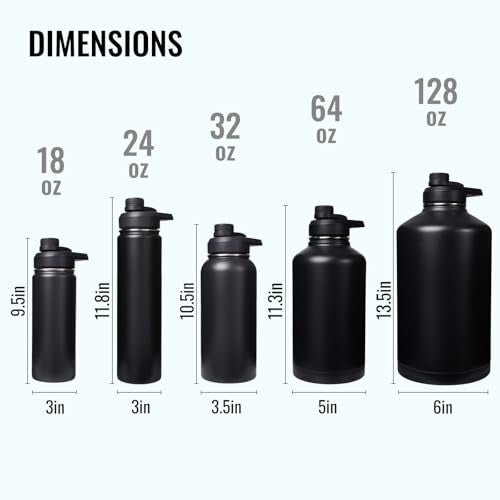 Fijinhom Gallon Water Bottle with 2 Lids (Straw & Spout), 304 Stainless Steel Water Jug with Handle and Wide Mouth, 1 Gallon Vacuum Double Walled Jug for Sports, Outdoors, Black/Gray, 128 oz