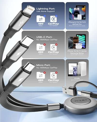 USBA/C Multi Charging Cable, Retractable Chargers for All Devices, 2Pcs 4Ft - color: Grey