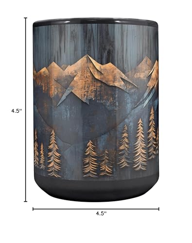 Mountains and Forest Trees Coffee Mug – One Mug, Full Wrap Design (Not Textured) – Outdoorsy Gift for Nature Lovers, Hikers, Campers & Rustic Cabin Decor – 15oz Black Ceramic Cup - size: 15 Ounces