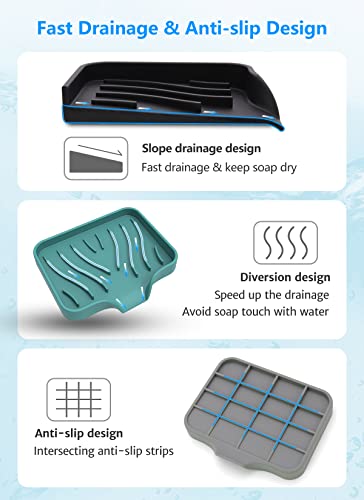 AIMAIAIMAI 3-Pack Silicone Soap Dish Set – Bar Soap Holder with Self-Draining Design, Easy-Clean Tray for Shower, Bathroom, Kitchen, and Tub - color: Black & Grey & Teal
