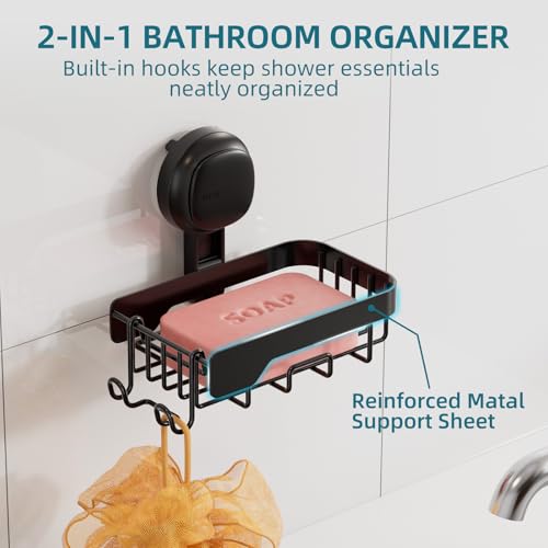 TAILI Soap Dish for Shower, Bar Soap Holder,Suction Visible Indicator,Black | Soap Holder Shower, Soap Bar Holder for Shower Wall, Removable Bathroom Sponge Holder, One-Press Plastic Soap Dish - color: Dark Black