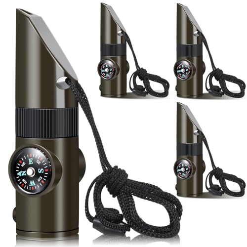 Xuhal 4 Pack Emergency Survival Whistle Loud Safety Whistle 7-in-1 Multifunctional Outdoor Survival Tool with Compass Thermometer LED Light Magnifier for Hiking Camping Boating Kayaking and Rescue