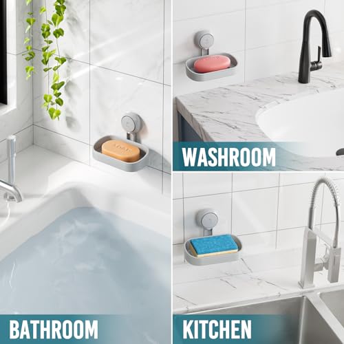 TAILI Soap Holder, Soap Dish Suction Cup with Hooks, Stainless Steel (Grey) - color: Grey
