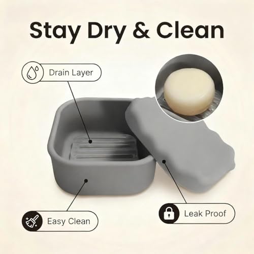 Silicone Travel Soap Case, Leak Proof Soap Dish Holder with Drainage, Shower Container for Kitsch Shampoo Bars & Standard Soaps Traveling Accessories for Gym Camping (Grey, Square) - color: Grey