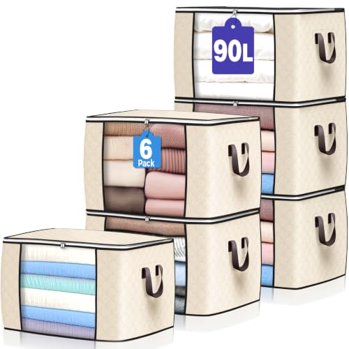 90L Large Storage Bags, 6 Pack Clothes Storage Bins Closet Organizers - color: Beige, size: 6 Pack-90L