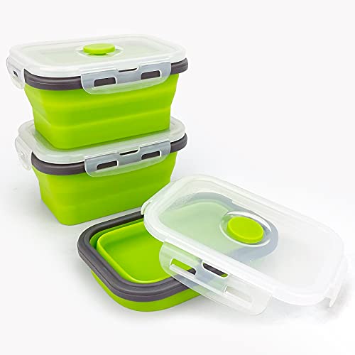 CCyanzi 3piece Collapsible Food Storage Containers with Lids, Silicone Lunch Container, Microwave & Freezer Safe, Space Saving for Kitchen Cabinet and Camping Backpack,(green gray) - color: green with gray