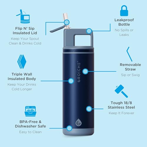 GROSCHE Alpine Flip N Sip Insulated Bottle with Straw, Mountain Blue, 20 oz - color: Mountain Blue, size: 20 Ounces