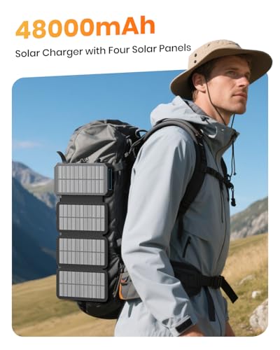 SOARAISE Solar Power Bank 48000mAh Wireless Battery Pack with 4 Cables | Solar Charger with 4 Solar Panels, Built in 4 Cables, PD QC 3.0 Fast Charging, Flashlight for Camping Travel, Rugged Design - color: Blue