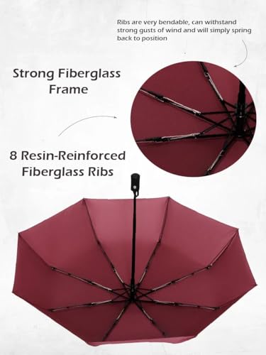 Windproof Travel Umbrella - Compact, Light, Full Automatic Open/Close - Folding Backpack Umbrella for Rain & Sun UV Preotection For Men & Women, Unbreakable 8 Fiberglass Ribs UK Design - color: Burgundy