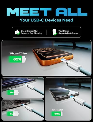 LISEN USB C Cable, 5-Pack [3.3/3.3/6.6/6.6/10FT] Blue for iPhone 17 Charger Cord, 60W C to C Cable Fast Charging for iPad, iPhone 17 Air 16 15 Pro Max, Samsung Z Flip 7/S25/S24 - color: Blue, size: 3.3+3.3+6.6+6.6+10FT
