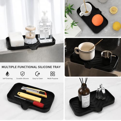 MicoYang Silicone Soap Dish with Drain Spout — Self-Draining Sink Organizer Tray for Bathroom & Kitchen, Sponges, Dispensers & Soap Holder, Non-Slip & Dishwasher Safe, Black (Medium, 9.6"×5.3") - color: Black, size: M(9.6"×5.3")