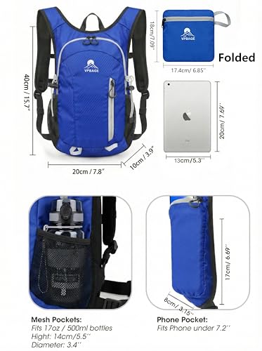 Foldable Small Hiking Backpack with 3 Strap Pockets – Lightweight 300D Spill-proof Daypack for Men Women – Packable Small Travel Backpack with Chest Strap & Trekking Pole Holder – Durable Outdoor Bag - color: Royalblue-