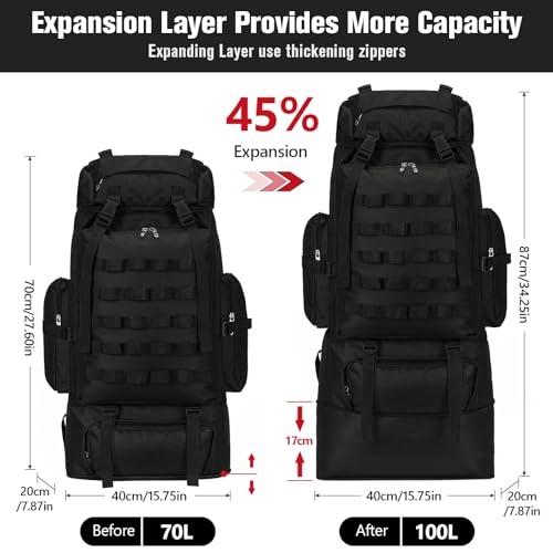 70L/100L Large Camping Hiking Backpack with Rain Cover, Waterproof Molle Rucksack Military Tactical Backpack, Lightweight Backpacking Daypack for Trekking Climbing Outdoor