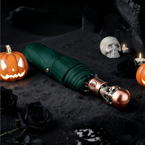 Skull Handle Windproof Travel Umbrella Compact Portable, Auto Open Close | Luxury Gothic Skull Grip with One-Touch Automatic Open, Wind Resistant and Sturdy for Rain, Lightweight to Carry Daily - color: 06.Dark Green