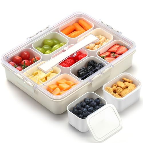 Snackle Box Container for Adults with 9 Compartment, Divided Serving Tray Snack Box Containers with Lid and Handle, Charcuterie Boxes Portable Snack Platter for Fruit Veggie Party Travel, White - color: White