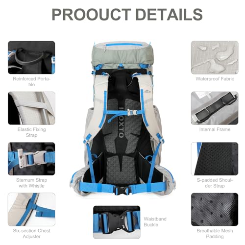 IX INOXTO 55L Internal Frame Waterproof Hiking Camping Backpack with 3L Water Bladder and Rain Cover, Large Lightweight Travel Daypack Rucksack for Climbing (Light Gray) - color: Light Gray