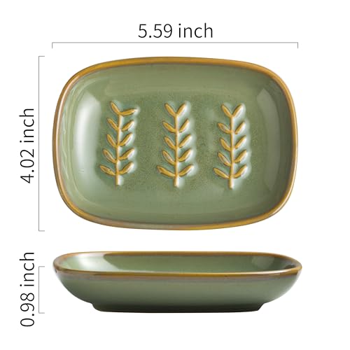 Miamolo Ceramic Soap Dish for Bathroom Sink, Bar Soap Holder Soap-Saving | Raised Ridges Keep Soap Dry, Large Soap Saver for 2 Bars, Sponges, Shower Kitchen Sink | Easy to Clean, Wedding Gift, Green - color: Green, size: Leaf Design