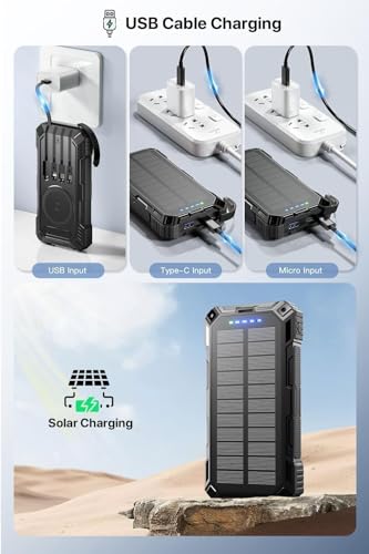 Solar Power Bank,49800mAh Portable Charger Wireless Charging USB-C 15W Fast Charging with 4 Built-in Cables LED Flashlight Battery Pack Compatible with iPhone, iPad, Galaxy, Perfect for Camping/Hiking