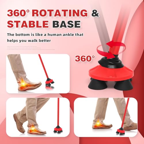 Walking Cane for Men & Women Walking Stick for Seniors Folding Canes Quad Cane Adjustable Lightweight Sturdy Collapsible Heavy Duty with Soft TPR T-Handle and Travel Bag - color: Red