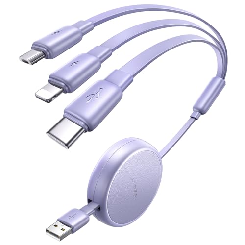 LISEN 3 in 1 Retractable Car & iPhone Charger Cord, Type C/L/Micro USB for iPhone/Samsung/PS/Kindle, Purple - color: Purple, size: 3.7FT