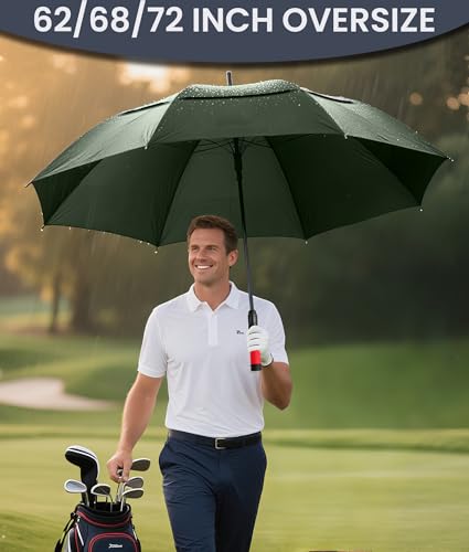 62/68/72 Inch Large Golf Umbrella Windproof Waterproof Auto Open | Oversized Double Canopy Vented, 210T Waterproof Pongee Fabric, Light Fiberglass Frame, Unique Red Foam Handle - color: Green-Red Handle, size: 62"