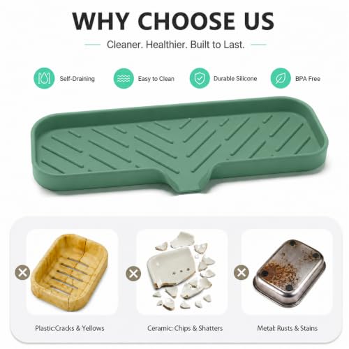 MicoYang Silicone Soap Dish with Drain Spout — Self-Draining Double Sink Organizer Tray for Kitchen & Bathroom, Dispensers, Sponges & Soap Holder, Non-Slip & Dishwasher Safe, Green (Large, 12"×4") - color: Green, size: L(12"×4")