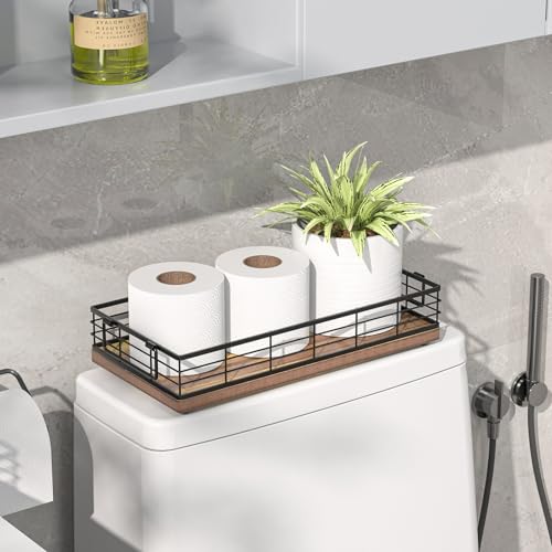 Toilet Paper Basket, 13 Inch Bathroom Toilet Tank Basket with Handles | Bathroom Basket, Back of Toilet Basket Toilet Tank Tray, Toilet Organizer for Toilet Paper Storage Toiletries, Acacia & Black - color: Acacia & Black
