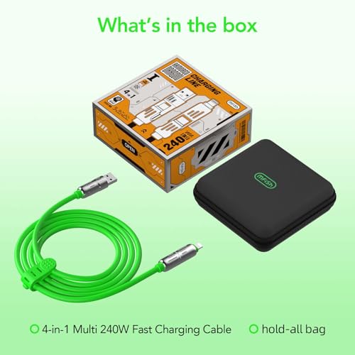 MFish 240W 4-in-1 Fast Charging Cable, Green, 6.6FT | Carrying Case, USB-A & USB-C to USB-C/Lightning, For iPhone 17/16/15/14, MacBook, iPad, Laptop, Samsung S25/S24 - color: Green, size: 6.6Ft