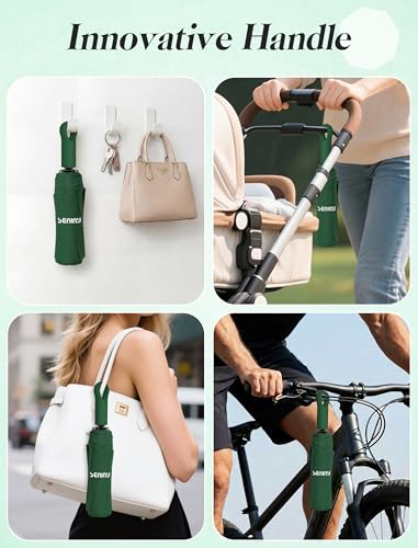 Seniny Umbrellas for Rain with Ring Buckle - Travel Umbrella Compact for Backpack, Car, Walking, Automatic UV Umbrella for Sun Protection, Small Portable & Folding Umbrellas for Windproof, Women Kids - color: Dark Green