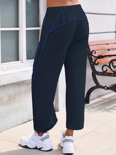 Fisoew Womens Baggy Wide Leg Casual Elastic Waist Cropped Pants - color: Navy, size: X-Large