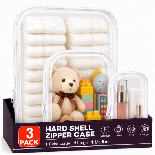3 Pack Clear Hard Shell Zipper Case (1XL + 1L + 1M, White) | Travel Toiletry Bag, Waterproof 1.2mm PET Hard Plastic Pouches, Organizer Box for Makeup, Toy, Snack, Stationery, Diaper - color: White(XL+L+M)