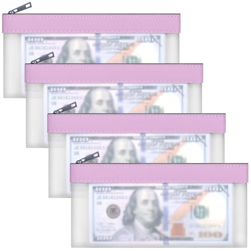 4 Pack Clear Money Envelopes for Cash Money Bag Pouch 7.6x3.7 inch | Waterproof TPU Money Bags With Zipper Cash Bag for Coin Invoice Bills Tools Cosmetics Rceipts School Supplies Gifts - color: Purple