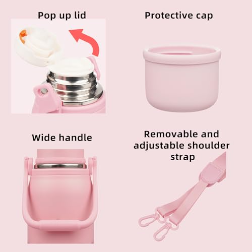 BJPKPK Stainless Steel Insulated Bottle with Handle & Strap, 40oz | Leak-proof vacuum insulation keeps drinks cold/hot for hours. BPA-free, dishwasher safe. Includes handle & strap. Light Pink. - color: Light Pink, size: 40 Ounces