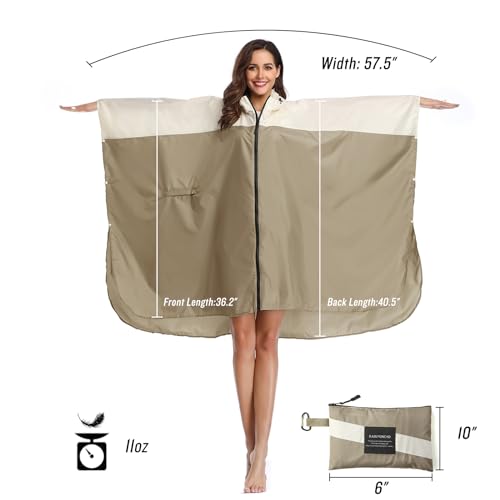 SaphiRose Adult Rain Poncho Waterproof Hooded Zipper Raincoat with Pockets - color: A-khaki-white