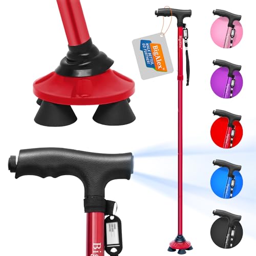 BigAlex Folding Walking Cane with LED Light,Pivoting Quad Base,Adjustable Walking Stick with Carrying Bag for Man/Woman (Alloy Base) - color: Red(4'9"-5'6")