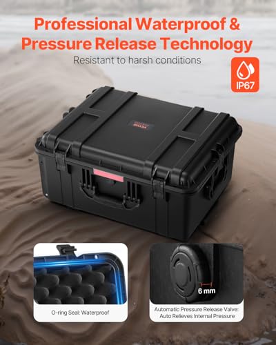 VEVOR Dry Box, Waterproof Hard Case with Pre-Cut Foam, 25 x 20 x 12.5inch | With Rolling Wheels & Retractable Pull Handles, Easy to Move & Carry, Padlock Holes, IP67 Waterproof, For Travel, Cameras - size: 63x50x32 cm