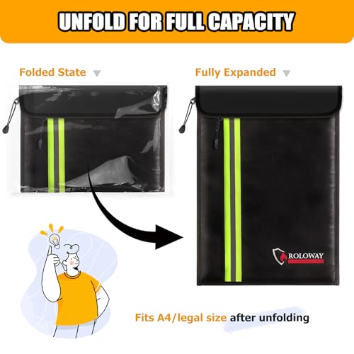 ROLOWAY Fireproof Envelope for Cash, Legal Documents Safe (15 x 11 inch) with 2 Pockets & Waterproof Zipper, Black - size: 15 x 11 inch, style: Black Fireproof Bag