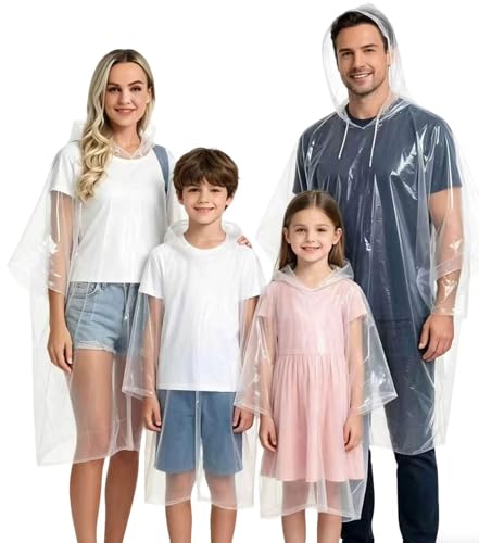4/6/12 Pack Disposable Rain Ponchos for Adults - Emergency Rain Poncho for Camping Hiking Travelling - color: (Family 6 Pack) Clear